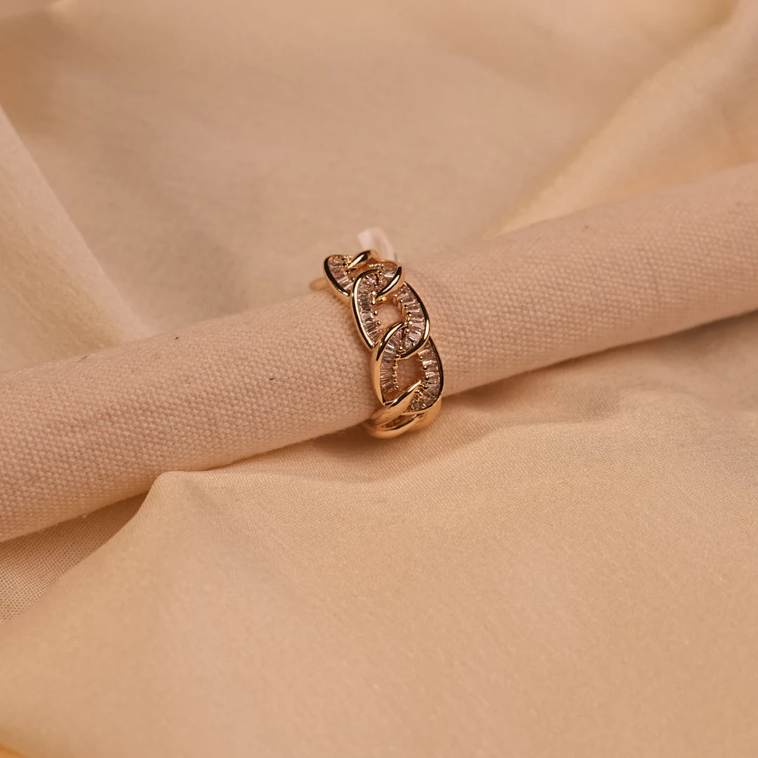 Crystal Baguette Cuban Link Gold Ring Side View - Buy Gold Ring Online India - Drattans