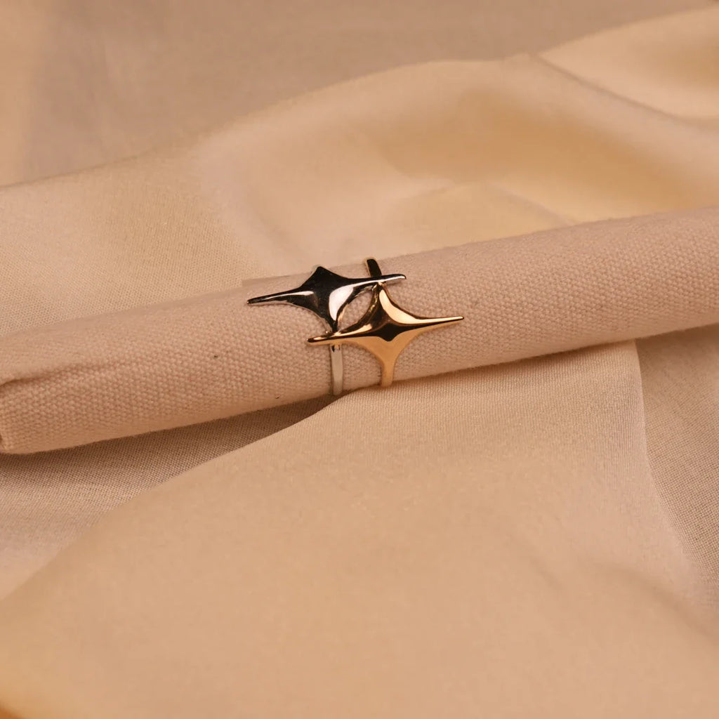 Double Four-Point Starburst Open Gold Ring Close Up - Buy Gold Ring Online India - Drattans