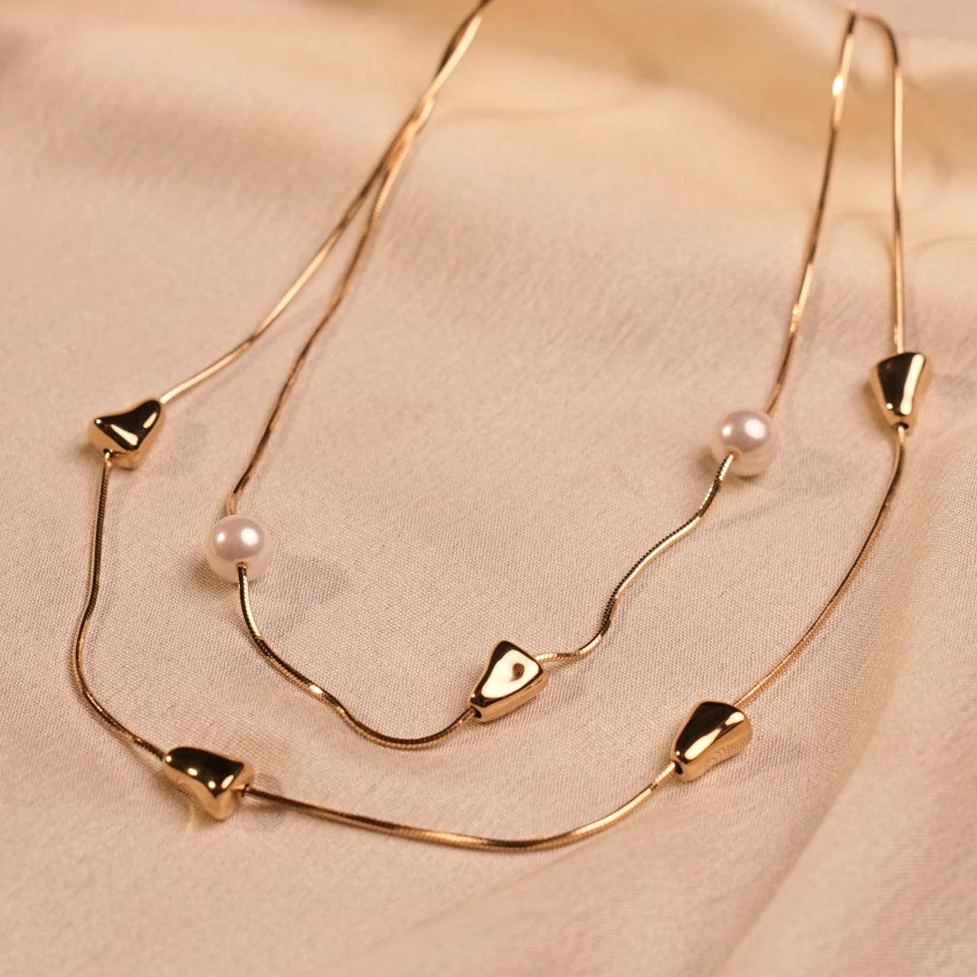 Double Snake Chain Pearl Gold Triangle Station Necklace - Buy Layered Necklace Online India - Drattans