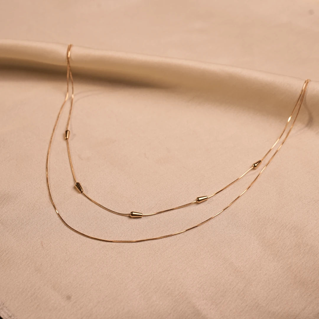 Double Strand Snake Chain Teardrop Station Gold Necklace - Buy Gold Necklace Online India - Drattans