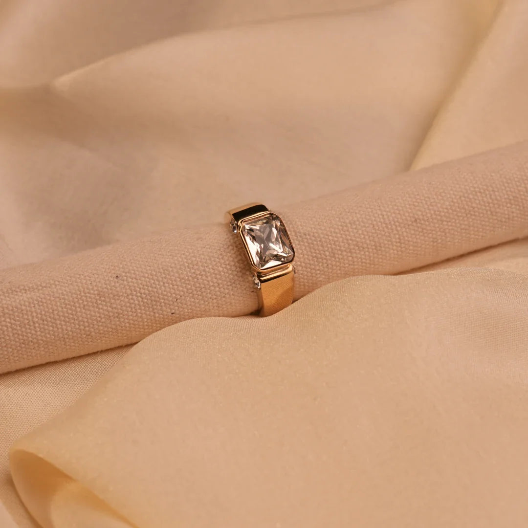Emerald Cut Crystal Bezel Wide Band Gold Ring Angle - Buy Gold Ring Online India - Drattans
