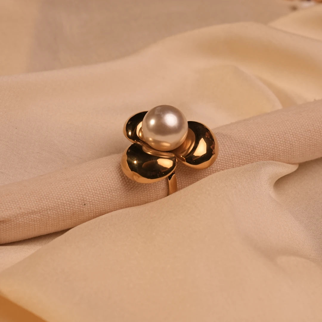 Gold Flower Petal Pearl Centre Cocktail Ring - Buy Pearl Ring Online India - Drattans