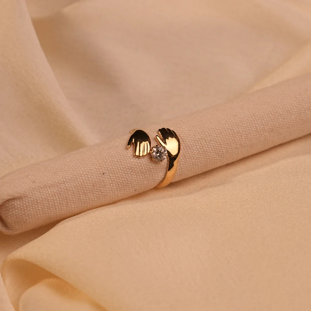 Gold Open Wing Solitaire Crystal Ring Side View - Buy Gold Ring Online India - Drattans