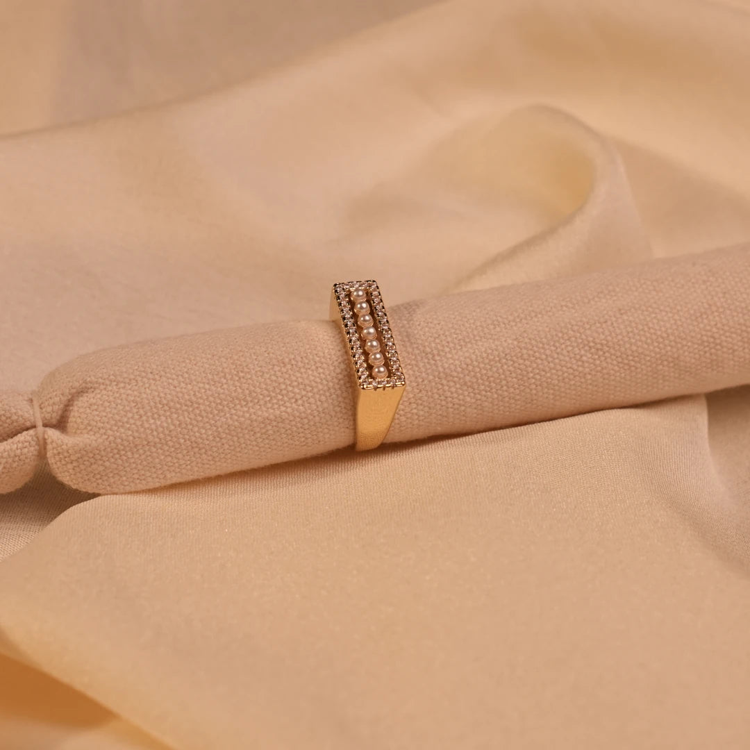 Gold Pearl Crystal Pavé Rectangular Signet Ring - Buy Pearl Ring Online India - Drattans