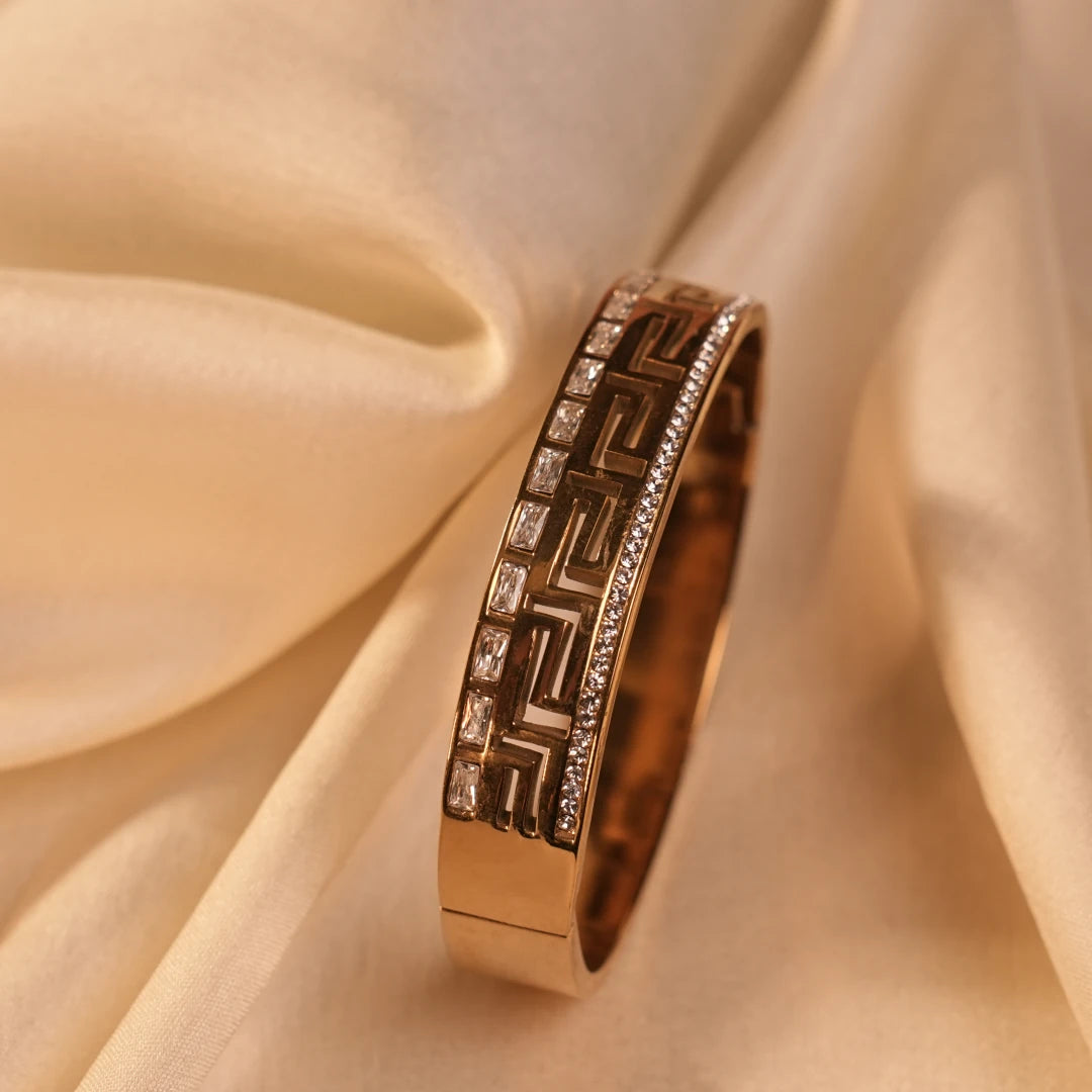 Greek Key Baguette Pavé Crystal Rose Gold Bangle - Buy Rose Gold Bangle Online India - Drattans