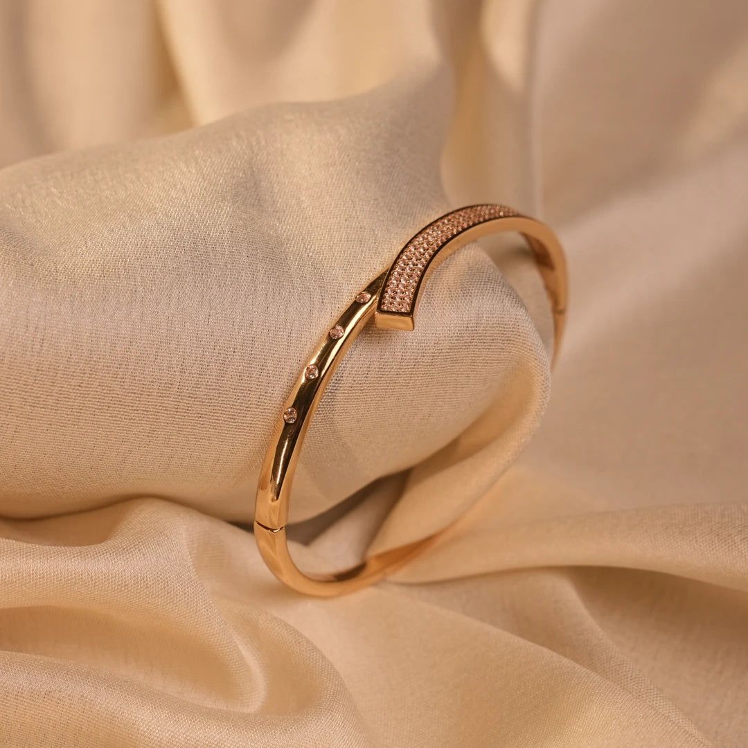Half Pavé Crystal Arc Open Gold Bangle - Buy Crystal Bangle Online India - Drattans