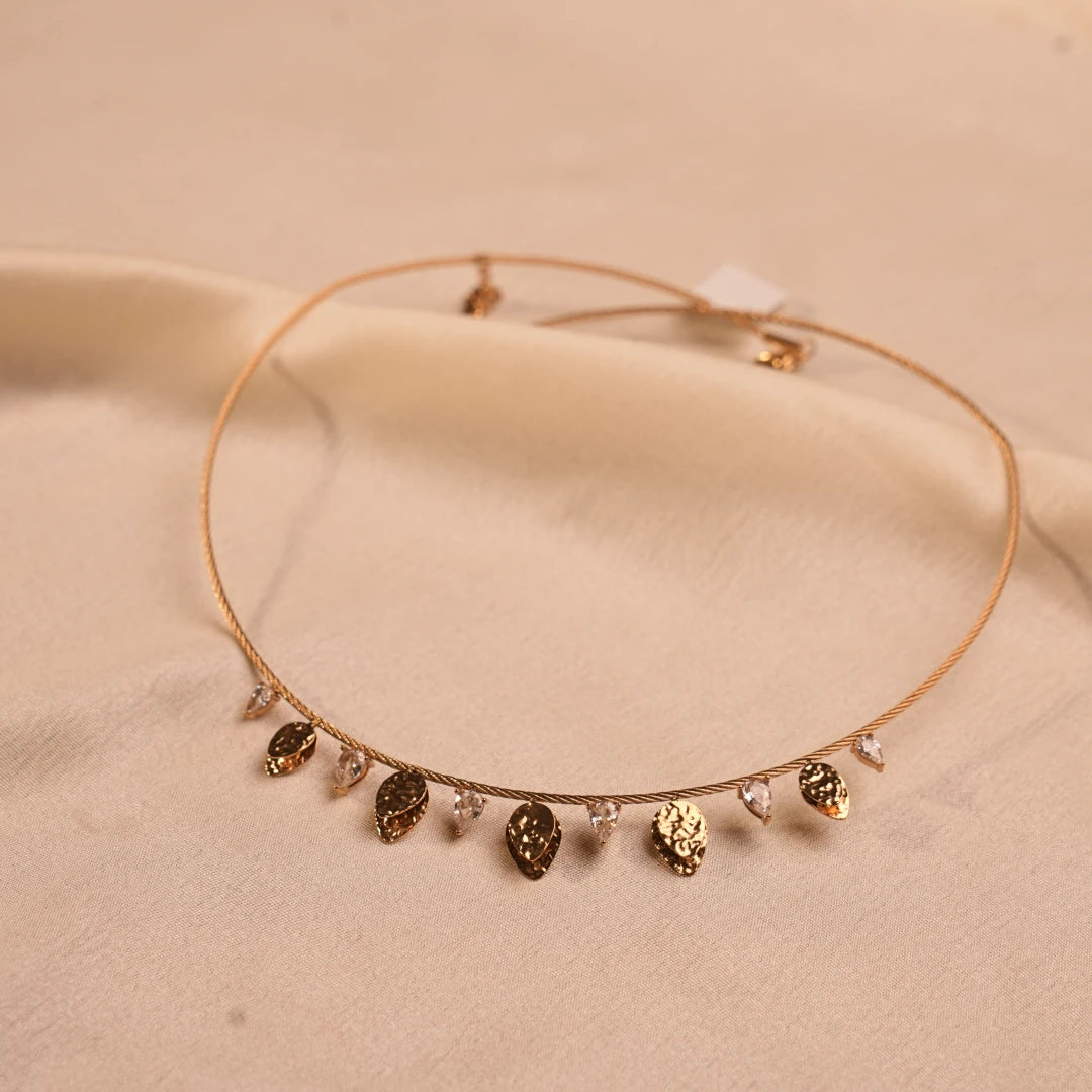 Hammered Leaf Pear Crystal Drop Wire Choker Necklace - Buy Wire Choker Online India - Drattans