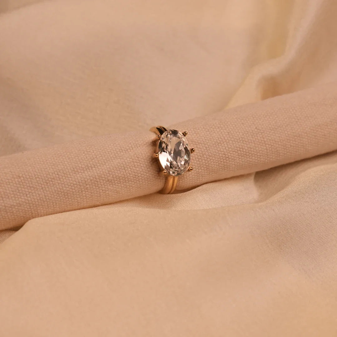 Large Oval Crystal Claw Prong Solitaire Gold Ring Angle - Buy Solitaire Ring Online India - Drattans