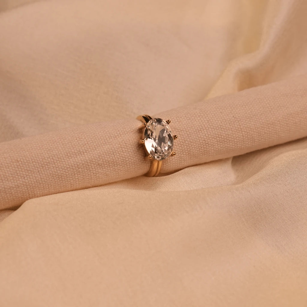 Large Oval Crystal Claw Prong Solitaire Gold Ring - Buy Cocktail Ring Online India - Drattans