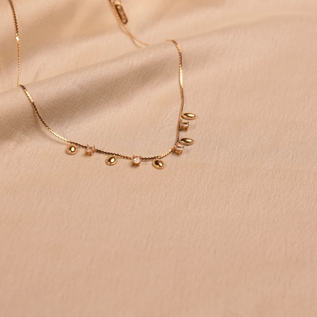 Milgrain Oval Disc Baguette Crystal Drop Gold Necklace - Buy Charm Necklace Online India - Drattans