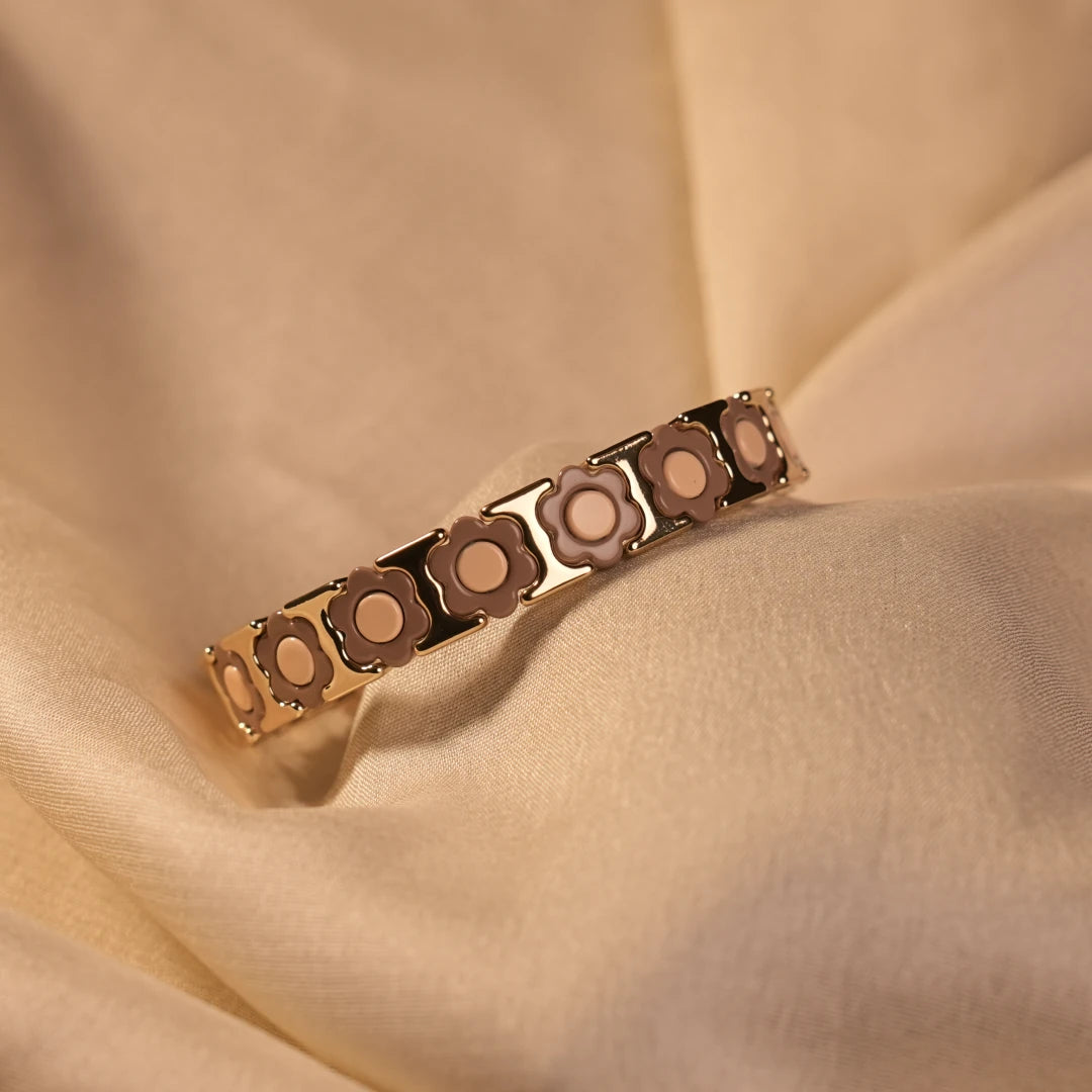 Mocha Daisy Flower Tile Enamel Gold Bangle - Buy Enamel Bangle Online India - Drattans