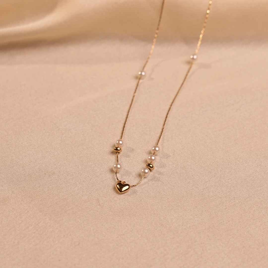 Pearl Station Puffy Heart Gold Chain Necklace - Buy Pearl Necklace Online India - Drattans