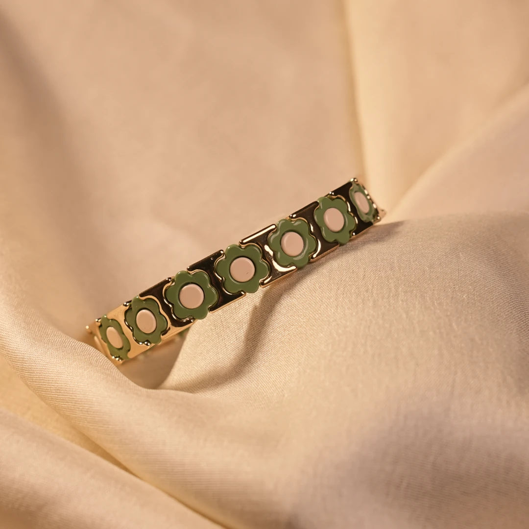 Sage Green Daisy Flower Tile Enamel Gold Bangle - Buy Gold Bangle Online India - Drattans