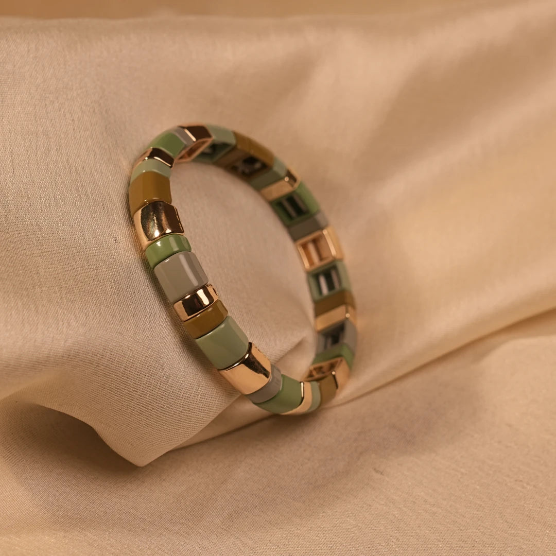 Sage Green Square Tile Enamel Stretch Bracelet - Buy Enamel Bracelet Online India - Drattans