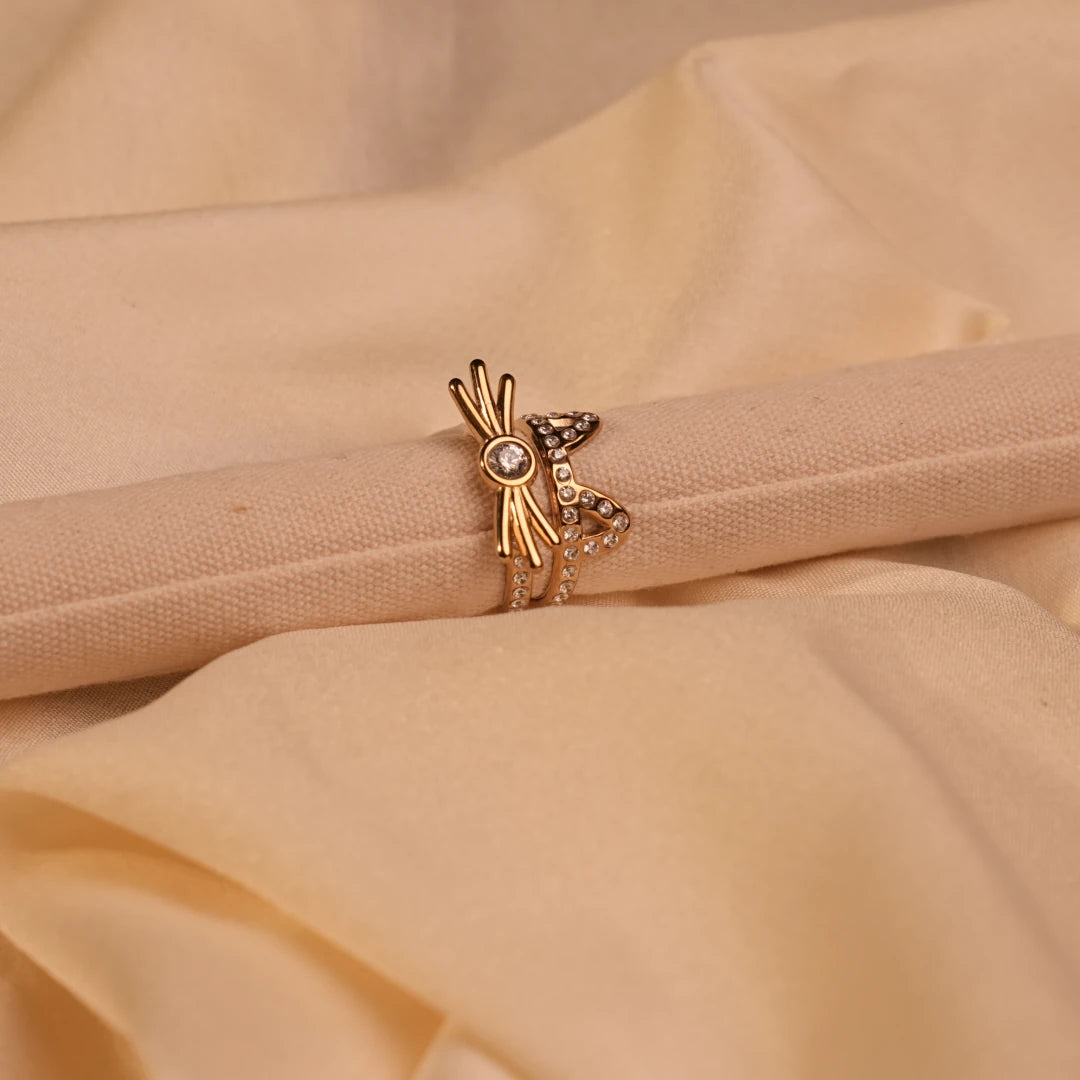 Sunburst Eye Crystal Pavé Crown Double Gold Ring - Buy Statement Ring Online India - Drattans
