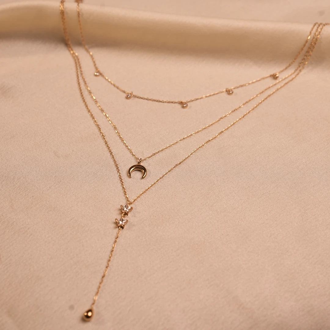 Triple Layered Moon Star Lariat Gold Necklace - Buy Lariat Necklace Online India - Drattans