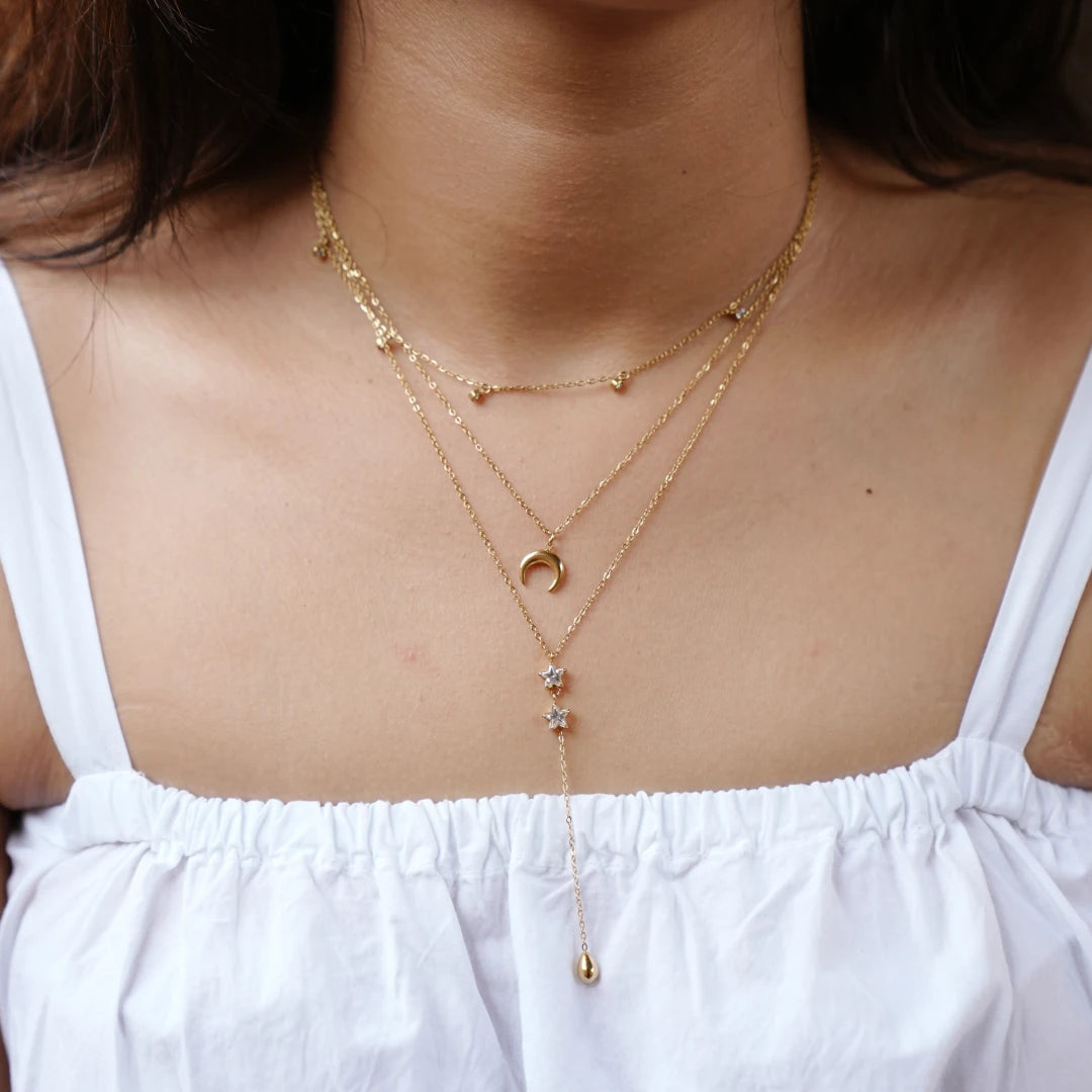 Triple Layered Moon Star Lariat Gold Necklace Worn - Buy Gold Necklace Online India - Drattans
