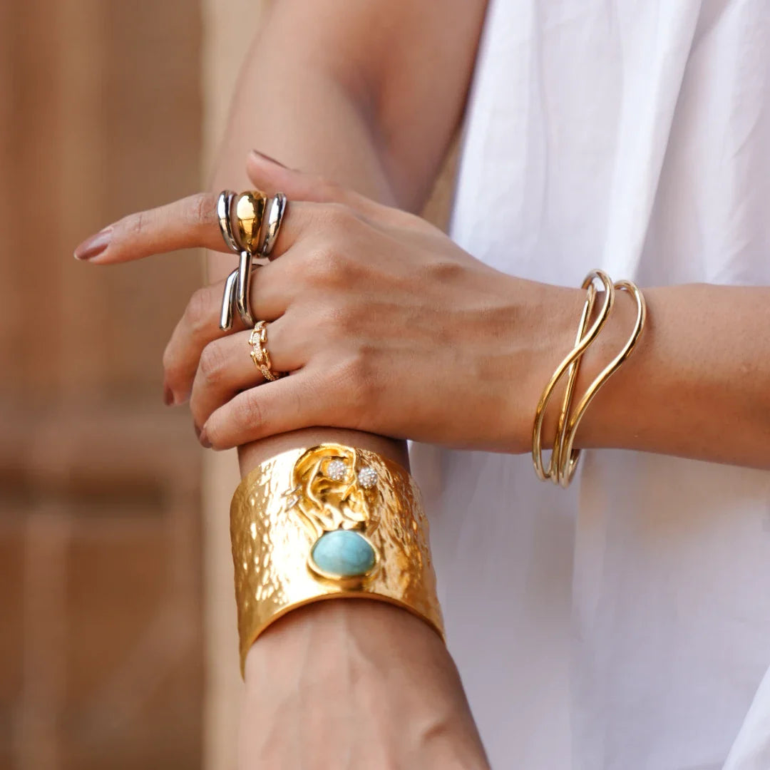 Triple Wave Gold Open Cuff Bracelet Campaign - Buy Statement Bracelet Online India - Drattans