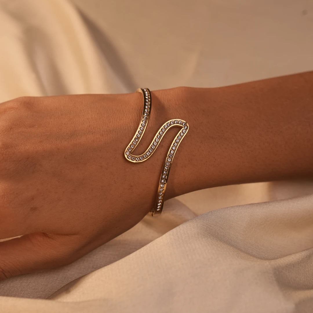 Twisted Crystal Pavé Full Wrap Gold Bangle - Buy Crystal Bangle Online India - Drattans