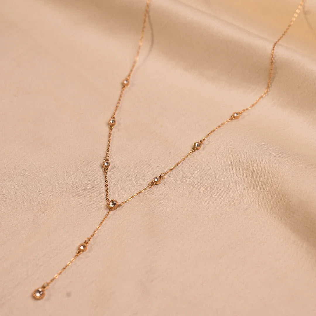 Vintage Milgrain Crystal Drop Charm Gold Necklace Angle - Buy Necklace Online India - Drattans