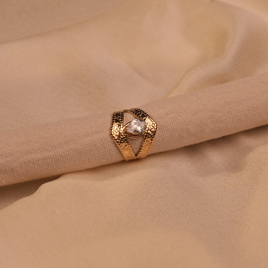 Wide Hammered Textured Marquise Crystal Solitaire Gold Ring - Buy Statement Ring Online India - Drattans